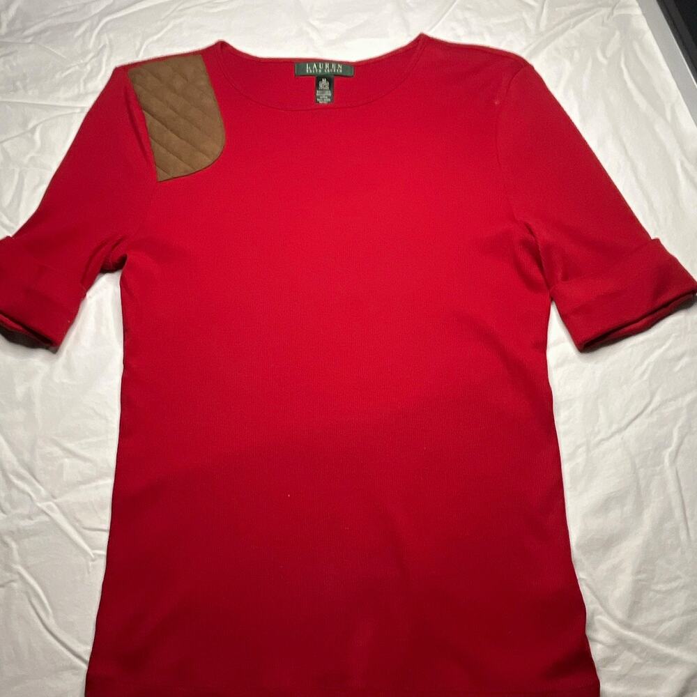 Lauren Ralph Lauren Women’s M Red Solid Round Neck Knit Top Quilted Patch(21)